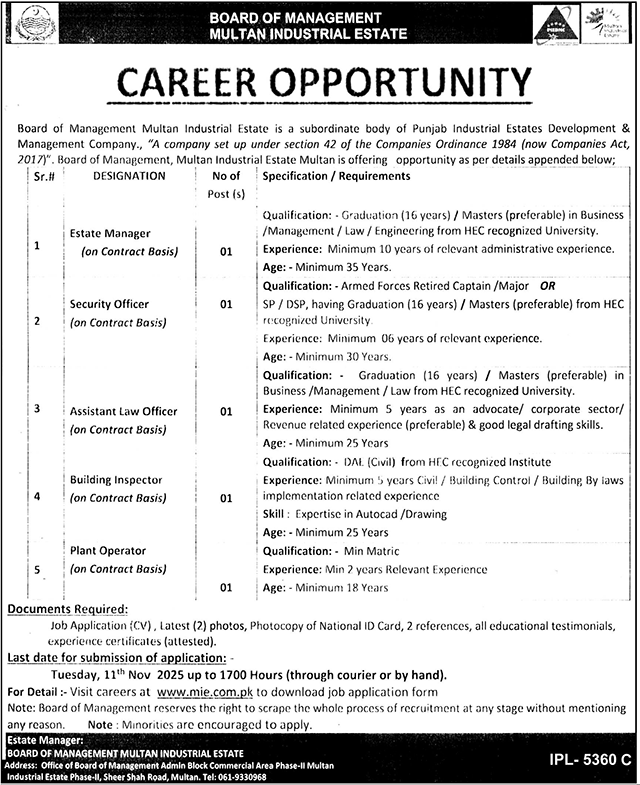 Board of Management Multan Industrial Estate Jobs 2025