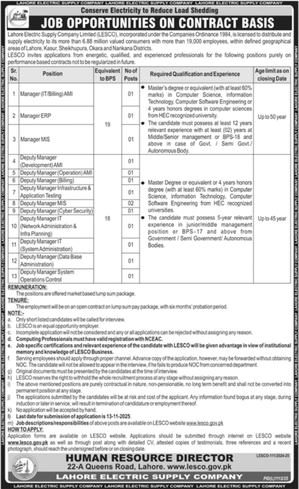Lahore Electric Supply Company (LESCO) Jobs 2025