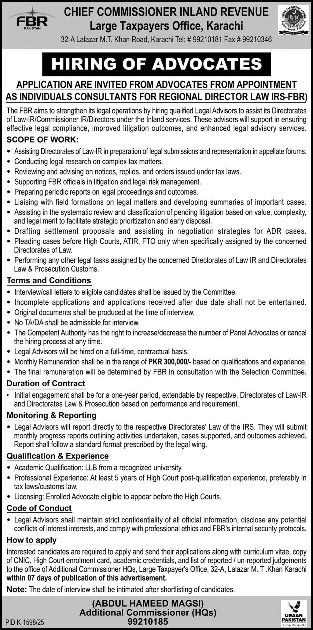FBR Chief Commissioner Inland Revenue Karachi Jobs 2025