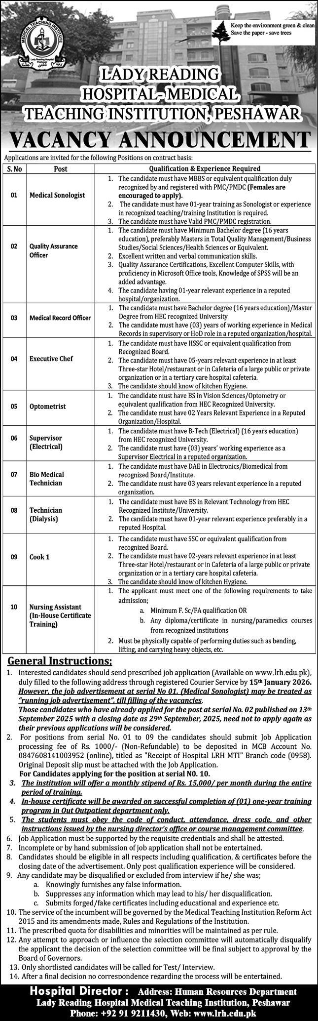 Lady Reading Hospital LRH MTI Peshawar Jobs 2026